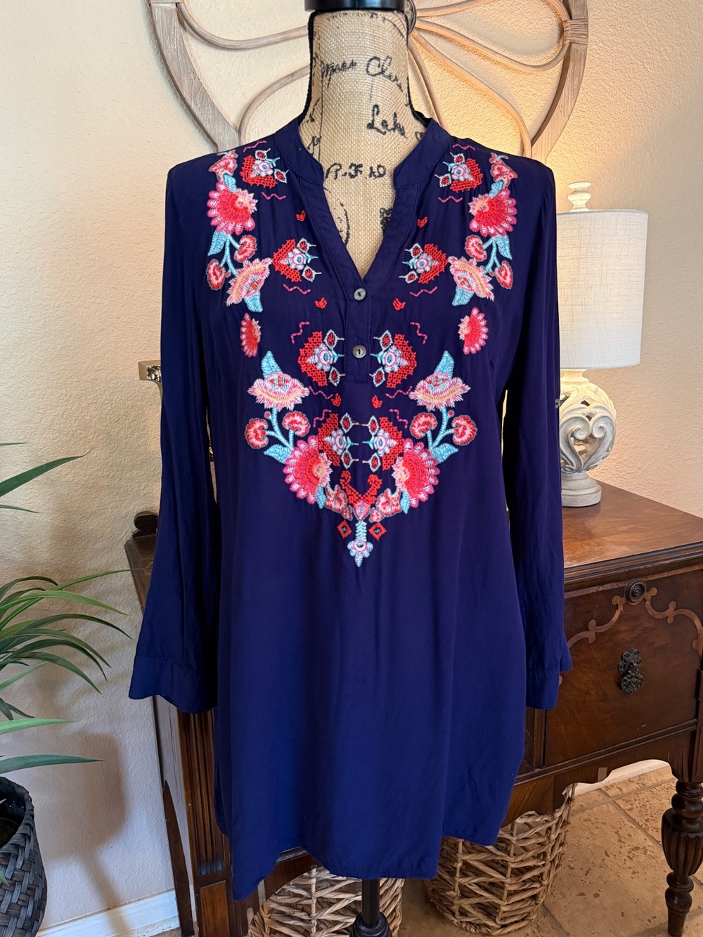 Solitaire Floral Embroidered Navy Blue Tunic Top